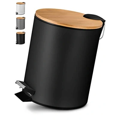 Obrázek VMbathrooms 5l kosmetický koš v ušlechtilém černém designu Šlapací odpadkový s automatickým sklápěním (Soft Close) Elegantní kbelík do koupelny vnitřní nádobou a bambusovým dřevěným víkem