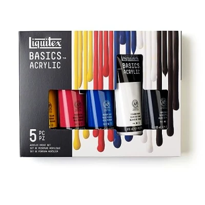 Obrázek Liquitex 3699350 Basics Studio Acrylfarbe, 5 Farben in 118ml Tuben aus hochwertige und beständige Pigmente, sehr deckende Farben, ausgezeichnete Lichtbeständigkeit, wasserfest