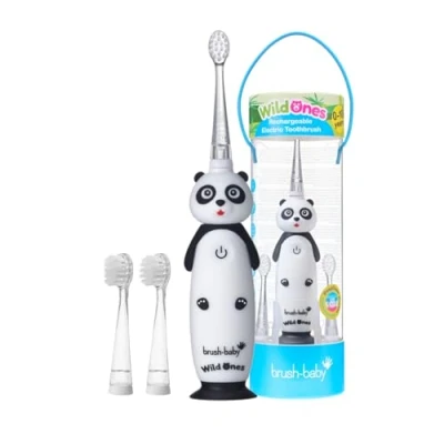 Obrázek Brush Baby WildOnes dětský elektrický nabíjecí zubní kartáček, 1 rukojeť, 3 hlavice kartáčků, USB kabel, pro věk 010 (Panda)