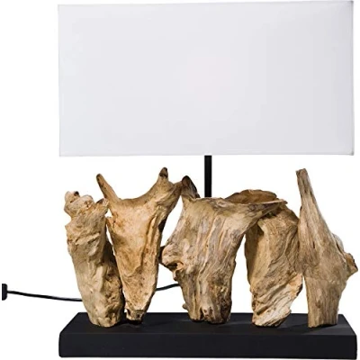 Obrázek Kare Designová stolní lampa přírodní, hnědá/bílá, lampa, masivní dřevo, bavlněný štít, obdélníková, na psací stůl, bez světelného zdroje, 43x35x15 cm (v/š/h)