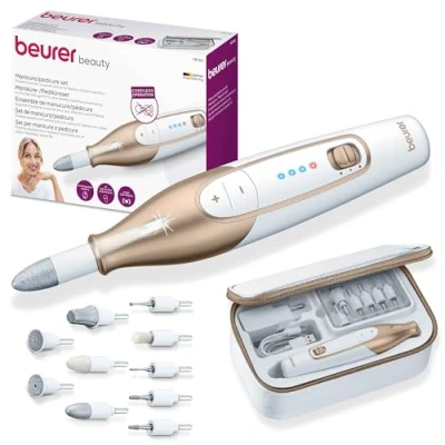 Obrázek Beurer MP 64 sada na manikúru/pedikúru, elektrická pro péči o nehty s baterií, 10 nástavců krásné ruce a nohy, LED světlem, jednotná velikost, bílá zlatá