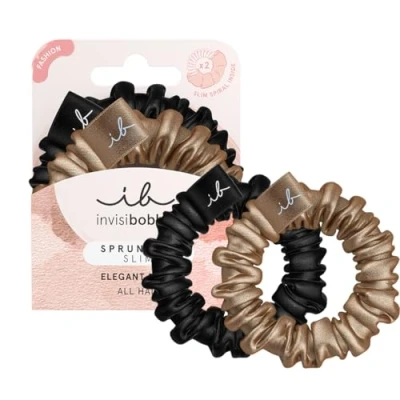 Obrázek invisibobble Sprunchie Slim schwarz gold I 2x Stoff Haargummis für Mädchen &amp; Damen kein verknoten, starker Halt, haarschonend Scrunchie Haargummi designed im Herzen Münchens