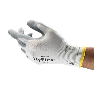 Obrázek Ansell HyFlex 11 800 profesionální pracovní rukavice, protiskluzová nitrilová vrstva, průmyslové ochranné rukavice pro mechaniku, dílnu a montáž, omyvatelné, bílé, velikost XL (12 párů)