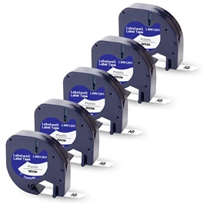 Obrázek Labelwell 5x kompatibilní náhradní páska pro Dymo 91221 S0721660 91201 Plastic černá na bílé 12 mm 0. 47 LetraTag 200B LT 100H 100T Plus 110T QX 50 XR XM 2000 Popisovací přístroj