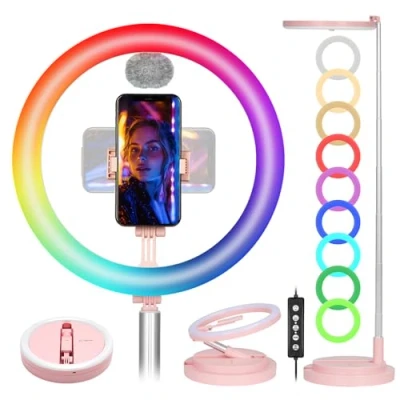 Obrázek TARION Ringlicht mit Stativ Ringleuchte RGB: LED Ring Light 11,8 Zoll Tisch Ringlampe Faltbare Lichtring Handyhalterung Handy für Smartphone Video Fotografie Live Steaming(Rosa)