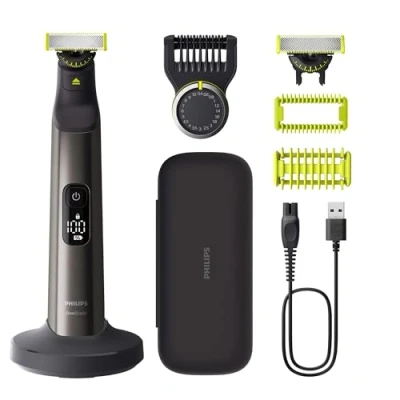 Obrázek Philips OneBlade Pro 360 Authentic Face &amp; body elektrický zastřihovač vousů, holicí strojek a strojek, 2x čepelí, 1x hřeben se 14 délkami, Kit, nabíjecí stanice, cestovní