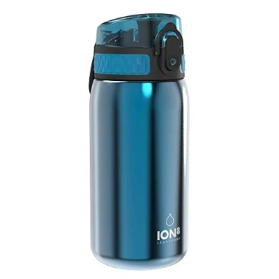 Obrázek ion8 Dětská láhev na pití, ušlechtilá ocel, lehká 400 ml, neizolovaná, zabezpečená proti protékání, otevírání jednou rukou, bezpečné zamykání, lze mýt v myčce, sklopné víčko, držadlo, snadné čištění