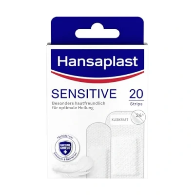 Obrázek Hansaplast Citlivá náplast (20 proužků), hypoalergenní náplasti na rány šetrné k pokožce s Bacteria Shield a bezpečná přilnavost, bezbolestně odstranitelná
