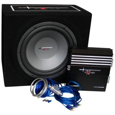 Obrázek AutoStyle Excalibur X.3 Extreme sada reflexních basových boxů, 30,5 cm, se zesilovačem 1000 W, kabelů a kryt subwooferu, černá/modrá