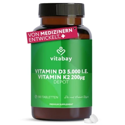 Obrázek Vitabay vitamín D3 K2 5000 IE ve vysokých dávkách 180 VEGAN a Laboratorně testované D3K2 tablety vysoké dávky vitamíny D vitamin K sluneční
