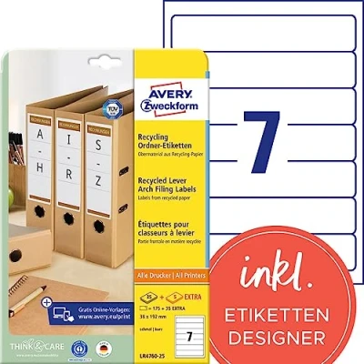 Obrázek AVERY Zweckform LR4760 25 recyklovaný hřbet pořadačů (210 štítků, 38 x 192 mm na A4, 100% starý papír, úzké/krátké, samolepicí, potištěné etikety) 30 listů, přírodní bílá