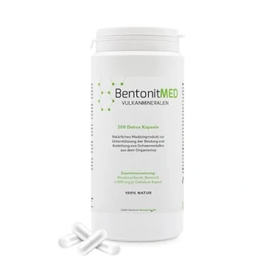 Obrázek bentonit MED Detoxikační kapsle 200, Montmorillonit, zdravotnický výrobek, lékárnická kvalita, čištění střev, detoxikace těžkých kovů, detoxikace, sopečné minerály, léčivá hlína