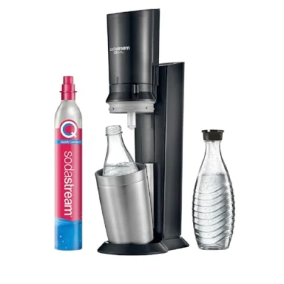 Obrázek SodaStream Výrobník sody Crystal 3.0 s 1x bombičkou CO2 Quick Connect a 2x skleněnou karafou, stříbrná, černá, titanová, 45 cm