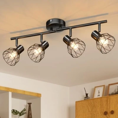 Obrázek Kimjo LED stropní zářič 4 plameny reflektory svítidlo E14 černý lampa kuchyň obývací pokoj ložnice ne světelný zdroj