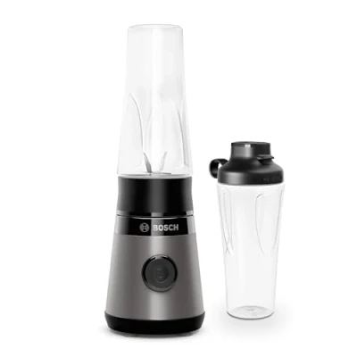 Obrázek Bosch Mini stojanový mixér VitaPower série 2 MMB2111S, vysokorychlostní mixér, až 40 000 ot/m, láhev Tritan ToGo 0,6 l, víčko na pití, odolná proti rozbití, vhodné díly, 450 W, stříbrná/černá