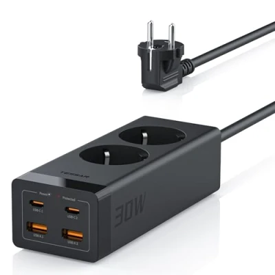 Obrázek TESSAN 30W USB C zásuvková lišta, GaN rychlé nabíjení, vícenásobná zástrčka se 2 přihrádkami, zásuvka s prodlužovacím kabelem m, lišta přepěťová ochrana 3600 W pro