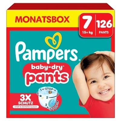 Obrázek Pampers Plenkové kalhotky velikost 7 Baby Dry, 126 plenek, 17 kg+, 360 Fit pomáhají předcházet vytékání