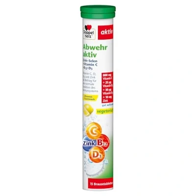 Obrázek Doppelherz Aktivní obrana zinku + selen vitamin C B12 D3 jako příspěvek k normální funkci imunitního systému 15 šumivých tablet s dobrým rozpouštědlem příchutí citronu
