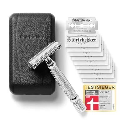 Obrázek Störtebekker® Premium holicí strojek v ručně vyráběném koženém pouzdře Sada na holení s 10 žiletkami, cestovním pouzdrem a zabudovaným zrcadlem mokré ve vintage vzhledu