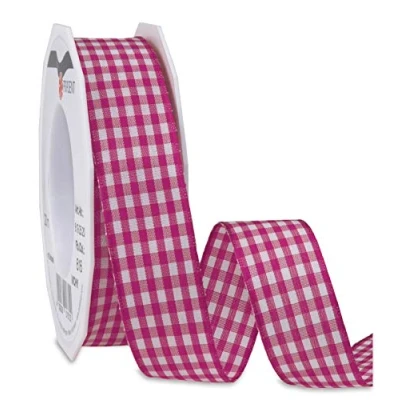 Obrázek PRÄSENT Vichy Geschenkband mit Drahtkante Magenta/weiß, 20 m Dekoband zum Verzieren &amp; Basteln, 25 mm Breite, Kariertes Band für Bunte Dekos Geschenkverpackungen, zu feierlichen Anlässen