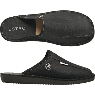 Obrázek ESTRO Hausschuhe Herren Leder Herrenhausschuhe Hausschuh Männer Pantoffel Pantoffeln Pantoletten Slipper Mann Warm Rust (42 EU, Schwarz)