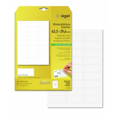 Obrázek SIGEL LA210 etikety samolepicí, potiskovatelné, lze opět beze zbytku odstranit, bílé, 63,5 x 29,6 mm, 675 etiket = 25 listů, zaoblené