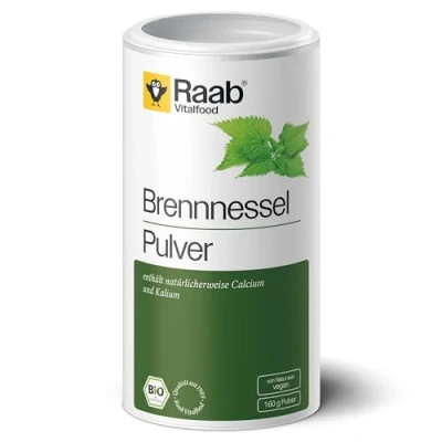 Obrázek Raab Vitalfood Bio prášek z kopřivy s přírodním vápníkem, hořčíkem a draslíkem, laboratorně testováno, pro smoothies müsli, 160 g, zelený