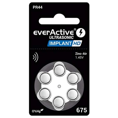 Obrázek everActive 675, 6 kusů, baterie naslouchadel, vysoký výkon, zinek vzduch, 1 blistrová karta, 4letá trvanlivost, modrý, implant HD PR44