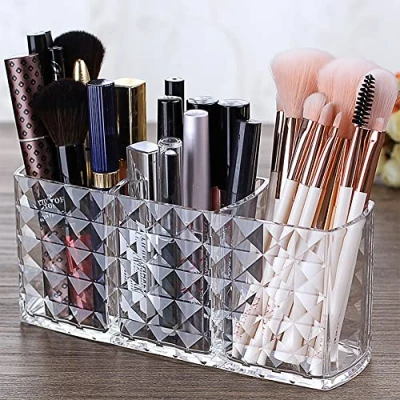 Obrázek Ubitree Kosmetik Organizer, 3 Fächern Kristall Makeup Pinsel Halter für Eyeliners Lippenstift Wimperntusche, Acryl Schminkaufbewahrung Badezimmer Schlafzimmer Waschtische Büro Schreibtisch