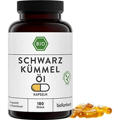 Obrázek Kapsle z černého kmínu BIO 180 kusů veganských kapslí I egyptské přírodní lisované za studena 1000 mg v denní dávce bioKontor