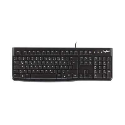 Obrázek Logitech K120 kabelová klávesnice pro Windows, USB Plug &amp; Play, plná velikost, ochrana proti stříkající vodě, zakřivený mezerník, kompatibilní s PC, notebookem, německé rozložení QWERTZ černá
