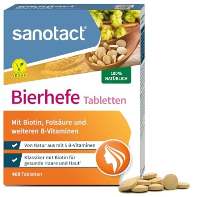 Obrázek sanotact tablety z pivovarských kvasnic (400 tablet) 100% přírodní pivovarské kvasnice veganské S biotinem pro krásné vlasy a zdravou pokožku 6 vitamínů B Vhodné i psy Kysné