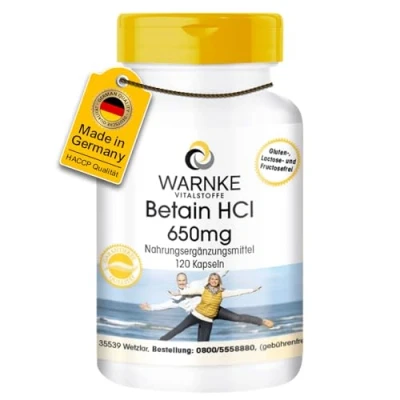 Obrázek betain HCl 650 mg hydrochlorid 120 kapslí vysoká dávka veganský varování důležité látky německá lékárna