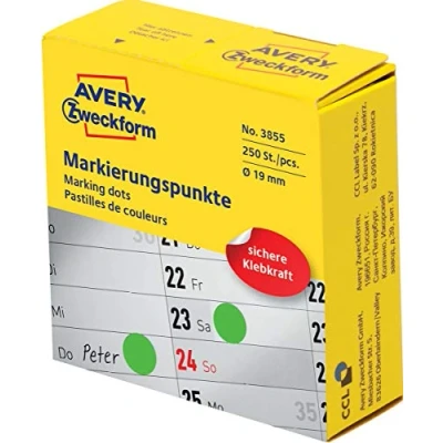 Obrázek AVERY Zweckform 3855 samolepicí označovací body (Ø 19 mm, 250 nalepovacích bodů na roli v dávkovači, kulatá nálepka pro kalendář, plánovací kalendář a kutily), zelená
