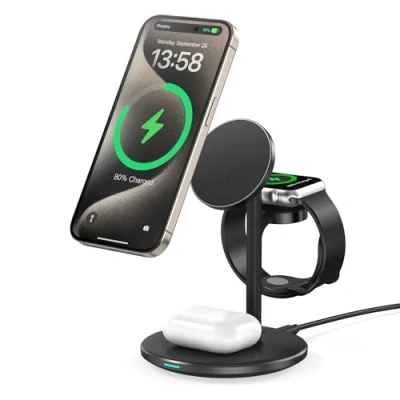 Obrázek 15W Mag Safe nabíjecí stanice pro iPhone 15 14,3 v 1 indukční více zařízení, nabíječka iWatch Ultra 2/1/Series 9, AirPods, černá