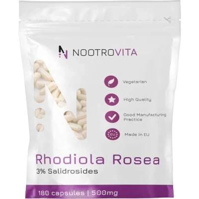 Obrázek Rhodiola Rosea vysoká dávka 500 mg 180 kapslí kořen extraktu z kořene růžice s 3 % salidrosidy (15 mg) veganská, žádná umělá plniva, bez alergenů Nootrovita