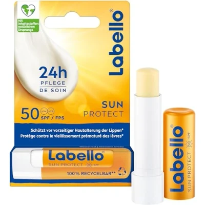 Obrázek Labello Sun Protect LSF 50, voděodolná péče o rty s vysokou ochranou proti slunci, bez minerálních olejů bambuckým máslem, vitamíny a přírodními oleji (4,8 g)