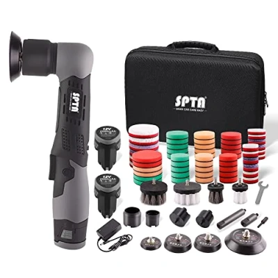 Obrázek SPTA Akumulátorová leštička, úhlová 12 V mini akumulátor, excentrická akuleštička 25 mm/50 mm/80 mm, lešticí houba/lešticí houba/kotouč na vlnu, k leštění aut