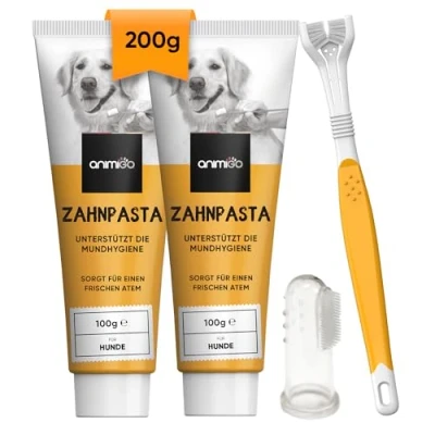Obrázek animigo Zubní pasta pro psy proti zubnímu kameni a zápachu z úst 2 x 100 g včetně zubního kartáčku kartáček na zuby sada čištění zubů s pastou &amp; prstem péče o přírodními