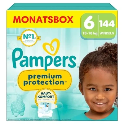 Obrázek Pampers Dětské plenky velikost 6, Premium Protection, x144, 13 kg 18 kg, dvojitá ochrana pro pohodlí pokožky a proti vytékání