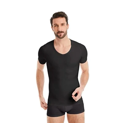 Obrázek FINN Pánské kompresní tričko tvarující postavu s efektem přes břicho krátký rukáv tvarovací nátělník z bavlny Body Shaper pro ploché břicho, černá