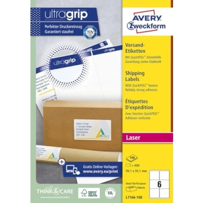 Obrázek AVERY Zweckform L7166 100 obálkové etikety/zásilkové nálepky (600 etiket s ultragrip, 99,1 x 93,1 mm na A4, lze potisknout, samolepicí, pro malé, střední balíky a přepravní role) listů, bílá