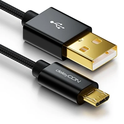 Obrázek deleyCON Micro USB kabel 1 m nylon + kovová zástrčka nabíjecí datový Rychlonabíječka Smartphone Tablet PC Laptop Notebook černý