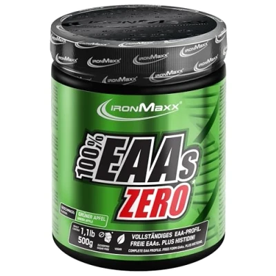 Obrázek IronMaxx 100% dóza EAAs Zero Green Apple 500 g EAA prášek, veganský a bez cukru se všemi 8 esenciálními aminokyselinami ovocná chuť, konzervačních látek