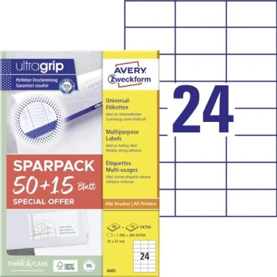 Obrázek AVERY Zweckform 6605 nálepky na adresu (1 200 plus 360 samolepek navíc, 70 x 37 mm A4, papír matný, potiskovatelné etikety odesílatele, samolepicí adresní štítky s ultragrip) 65 listů, bílá