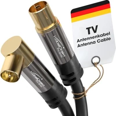 Obrázek KabelDirekt 4K anténní kabel, koaxiální TV kabel 90 úhlový/rovný 10 m televizní digitální a analogový, kovový konektor (přímý konektor/úhlový konektor, pro DVB C, T, S,