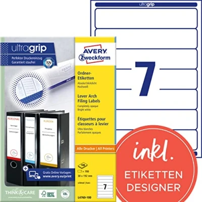 Obrázek AVERY Zweckform L4760 25 etikety na hřbety pořadačů (210 štítků hřbetu s ultra gripem, 38 x 192 mm A4, úzké/krátké, samolepicí, absolutně neprůhledné, potištěné pořadače) 30 listů,