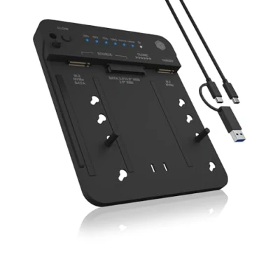 Obrázek ICY BOX HDD/M.2 NVMe SSD dokovací stanice USB 3.2 Gen 2 (10 Gbit/s), pevné disky klonovací a čtečka (SATA 2,5/3,5 palce M.2 NVMe), externí, adaptér, C A, IB 2913MCL C31