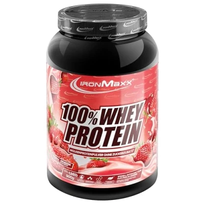 Obrázek IronMaxx 100% syrovátkový proteinový prášek jahoda 900 g dóza s redukcí cukru, ve vodě rozpustný ze syrovátkového proteinu mnoho různých příchutí