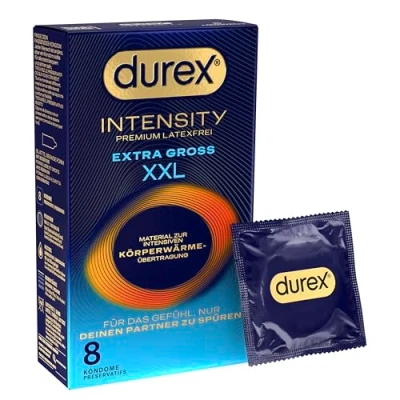 Obrázek Durex Intensity extra velké XXL kondomy ultra tenké plus pro intenzivní přenos tělesného tepla zvlhčené velkým silikonovým kluzným gelem bez latexu balení 8 ks (1 x kusů)